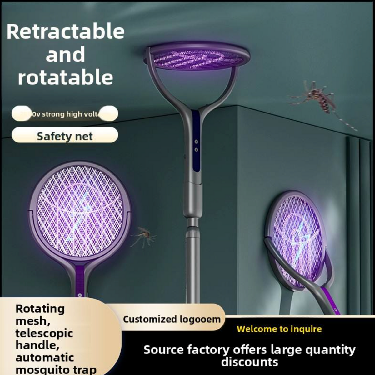 Rechargeable Retractable Electric Mosquito Swatter – 2-in-1 UV Insect Killer